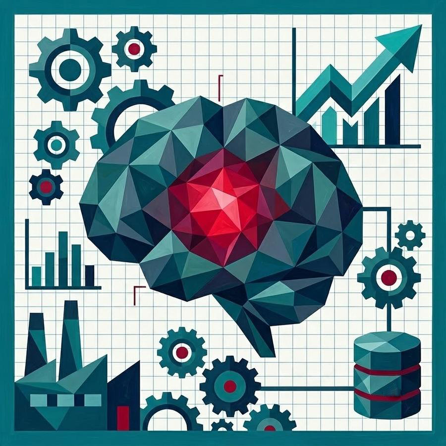 Ilustración de un cerebro de inteligencia artificial rodeado de engranajes, gráficos de crecimiento y una fábrica, que representa la automatización industrial con IA